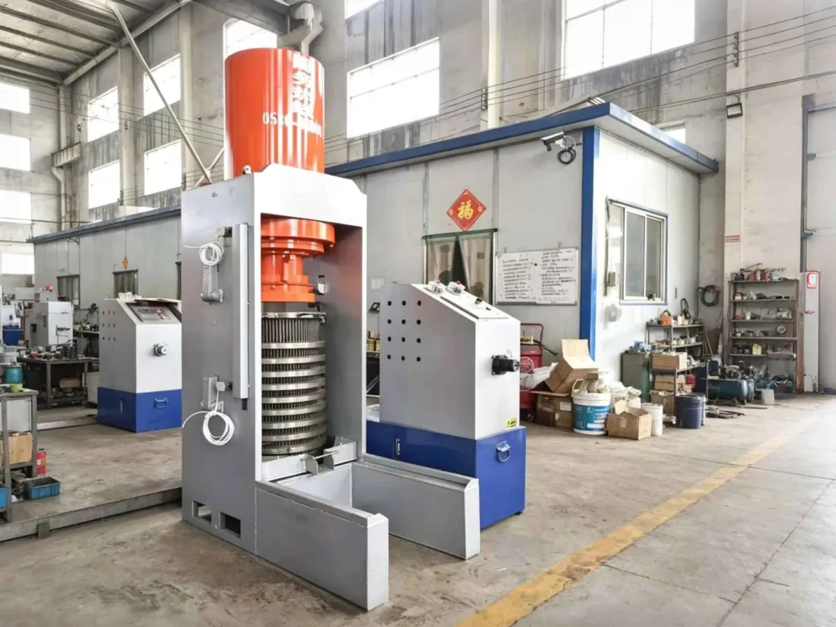 Hydraulic oil press set up for cold pressing in a workshop
