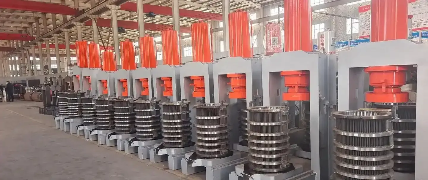 Hydraulic oil presses lined up along a production line